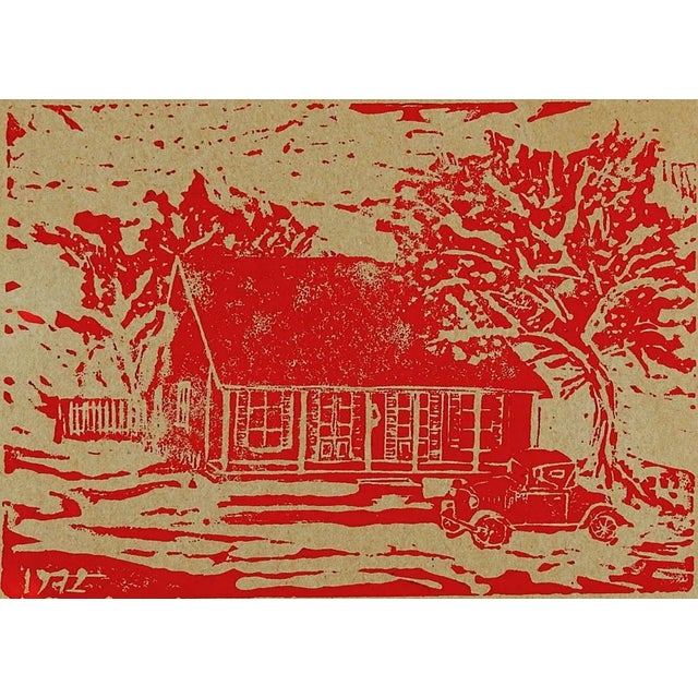 Cabin 1972 Rustic Cabin Woodblock Print For Sale - Image 3 of 3