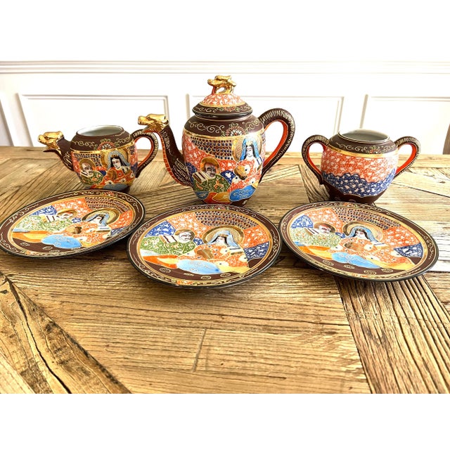Red 1970s Japanese Hand-Painted Porcelain Tea Set With Plates- 6 Pieces For Sale - Image 8 of 8
