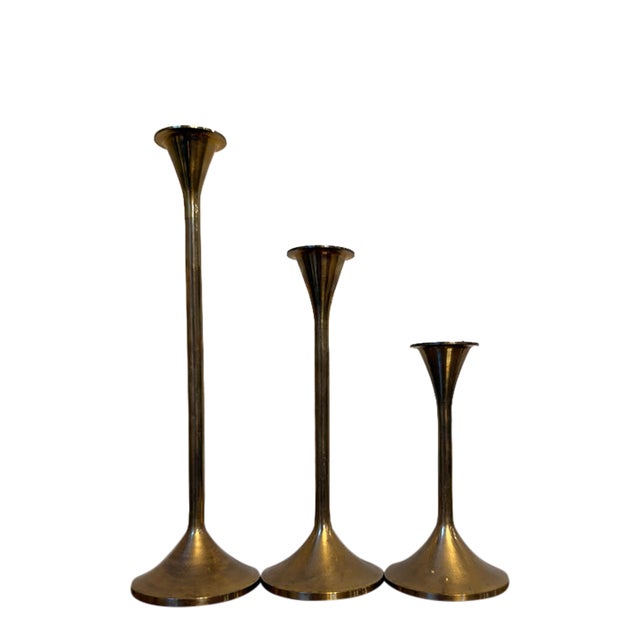 Mid-Century Modern Brass Trumpet Candlesticks - Set of 3 For Sale