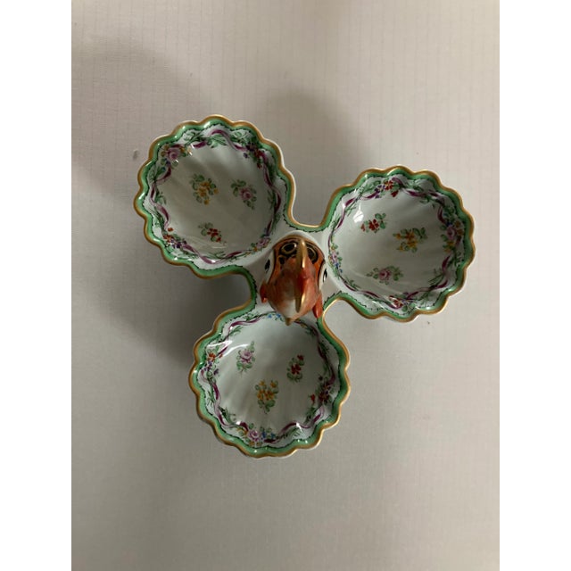 Vintage rare ceramic hand painted fish handle divided dish for serving nuts & candy dish 7"D X 5" H < no makers mark in...