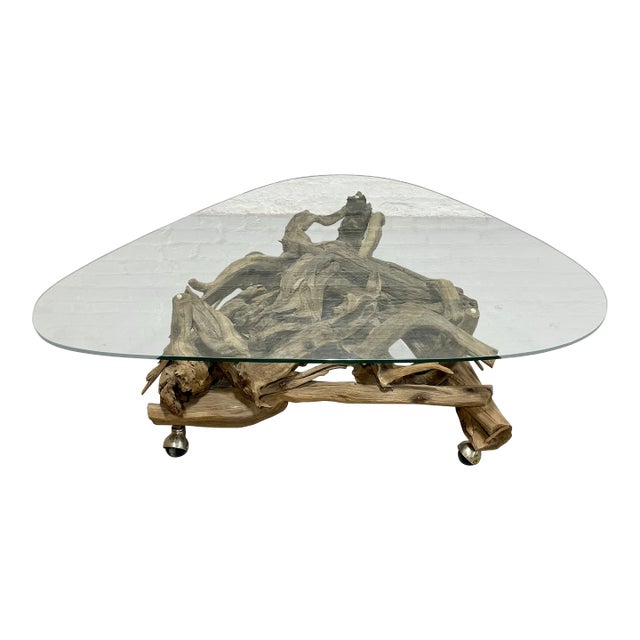Mid Century Modern Driftwood + Glass Coffee Table | Organic Modern Cocktail Table Castors For Sale