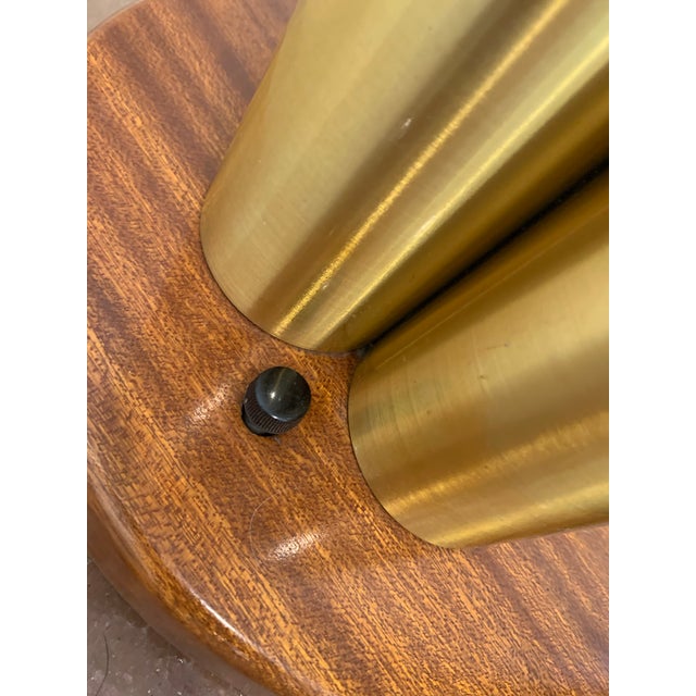 Wood Mid-Century Modern, Hollywood Regency Oversized Table Lamps ‘Jules Wabbes Style’, 6 Gold Tone Aluminum Cylindrical Forms on Polished Wood Base- A Pair For Sale - Image 7 of 12