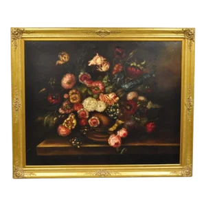 Large French 58 X 70 Gold Frame Still Life Oil Painting With Bouquet of Flowers