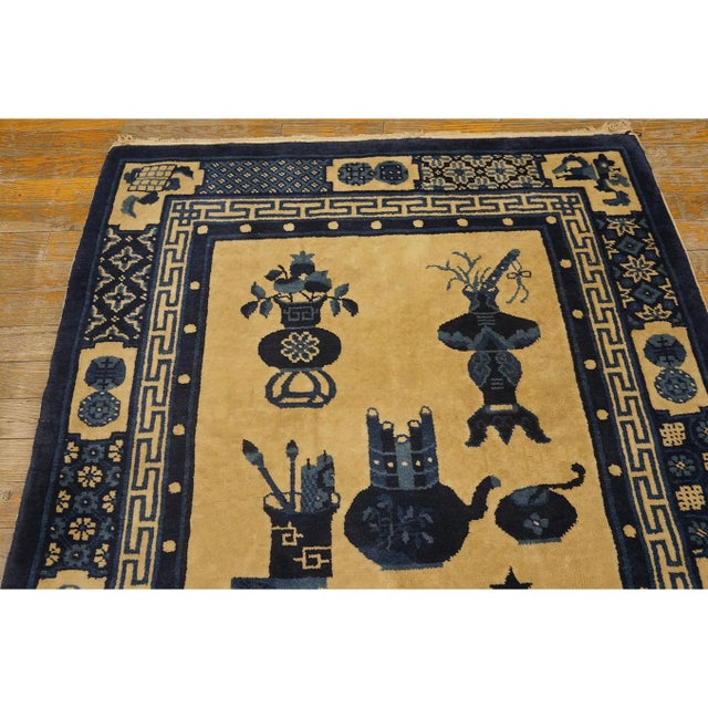 Textile 1920s Beige Geometric Chinese Baotou 100 Antiques Carpet 3'x 5' Wool Small Rug For Sale - Image 7 of 10