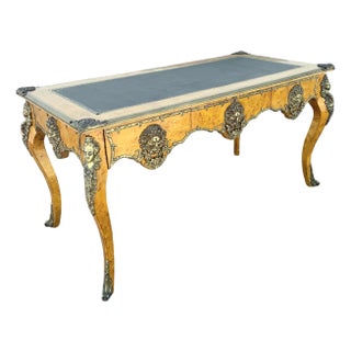 Vintage Louis the Xv Style Leather Top Burlwood and Brass Writing Desk For Sale
