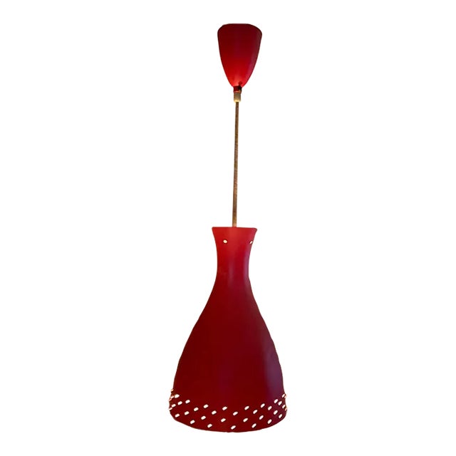 1950s Stilnovo Red Perforated Cone Italian Pendant Lamp Italy For Sale