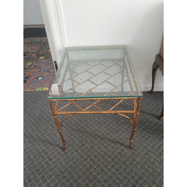 1950s Hollywood Regency Faux Bamboo Gilt Iron Pair of 28" Side Tables For Sale - Image 5 of 5