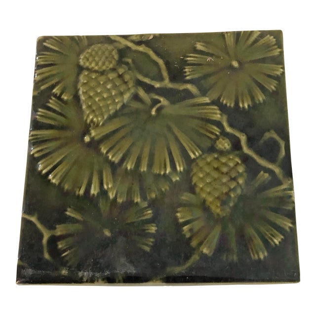 Antique Mintons Stoke on Trent Tile Pinecones Leaves Iridescent Green Arts Crafts Nouveau For Sale