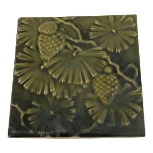 Antique Mintons Stoke on Trent Tile Pinecones Leaves Iridescent Green Arts Crafts Nouveau