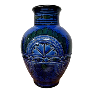 Vintage Incised Cobalt Blue Decorated Art Pottery Vase