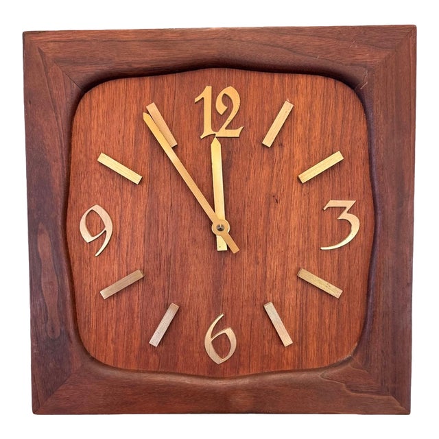 Vintage Mid Century Modern Handmade Solid Wood Clock With Gold Colored Modified Serif Typeface For Sale