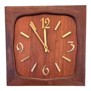 Vintage Mid Century Modern Handmade Solid Wood Clock With Gold Colored Modified Serif Typeface