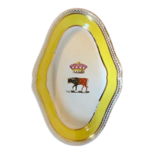 Antique Early 19th Century George III Coalport Porcelain Oval Dessert Dish With Cow or Bull Crown Armorial Crest Circa 1810