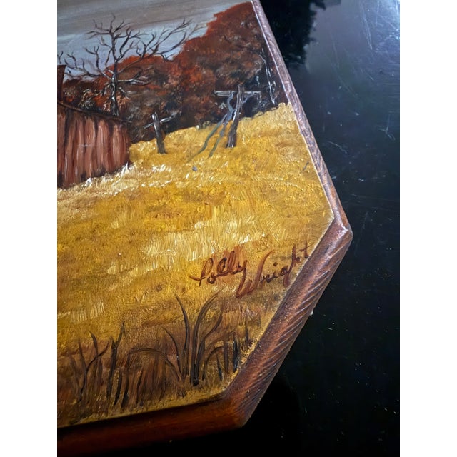 Rustic Polly Wright Mid Century Oil Painting on Wood Rustic Barn Field Western For Sale - Image 3 of 4