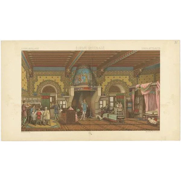 M.A. Racinet, European Middle Ages Living Room, 1880, Chromolithograph on Paper For Sale - Image 3 of 5