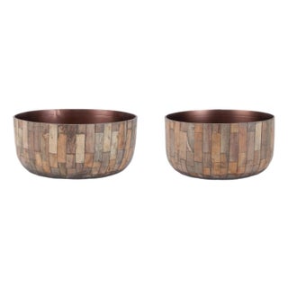 Round Wooden Bowl Planter (Set of 2) For Sale
