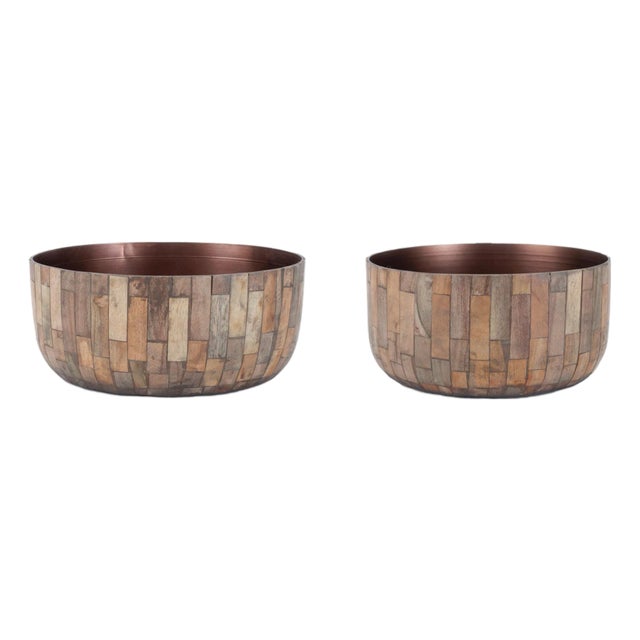 Round Wooden Bowl Planter (Set of 2) For Sale