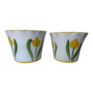 Vintage Italian Hand Painted Terracotta Pottery Cache Pot Planters - Pair For Sale