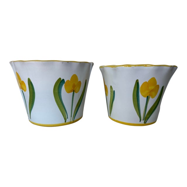 Vintage Italian Hand Painted Terracotta Pottery Cache Pot Planters - Pair For Sale