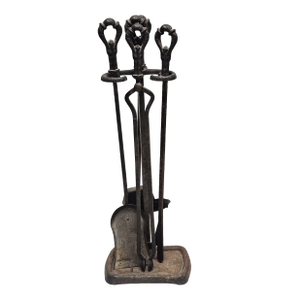 19th Century Forged and Hammered Iron Fireplace Tools Set With Stand