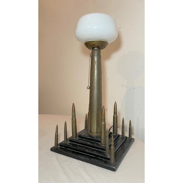 Large Vintage Handmade Military Trench Art Bullet Shell Brass Wood Table Lamp For Sale In New York - Image 6 of 12