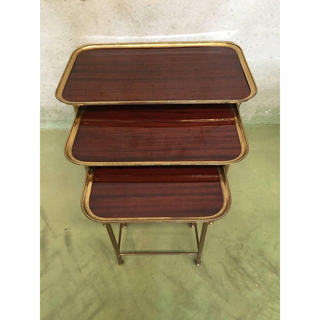 Brass 19th Century Set of Three Nesting Tables in Brass and Mahogany, France For Sale - Image 8 of 13