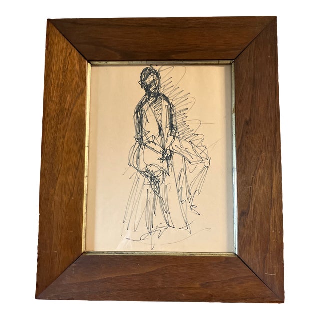 1940’s Original Giacometti Style Abstract Marker Drawing Male on Stool Antique Wood Frame For Sale