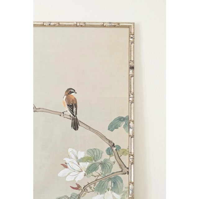 Chinoiserie Hand Painted Gracie Wallpaper Panel in Silvered Bamboo Frame For Sale - Image 3 of 7