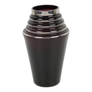 Art Deco Black Glass Vase with Silver Overlay Decor, France 1930s For Sale