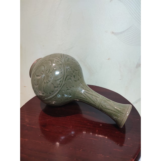Celadon Chinese Ceramic Vase Yaozhou Ware Celadon Vase Hand Carved Flowers Pattern For Sale - Image 8 of 10
