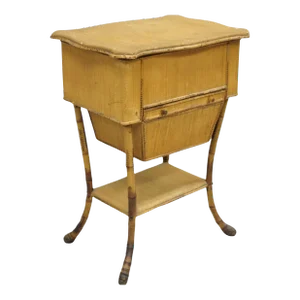 19th Century Antique English Victorian Bamboo Rattan Sewing Box Work Stand Side Table