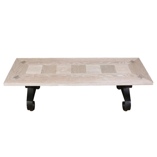 Modern Cerused Oak Coffee Table With Scroll Iron Base For Sale - Image 3 of 3