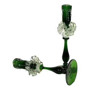 Vintage Italian Green Murano Glass Hand Blown Candle Holders - A Pair