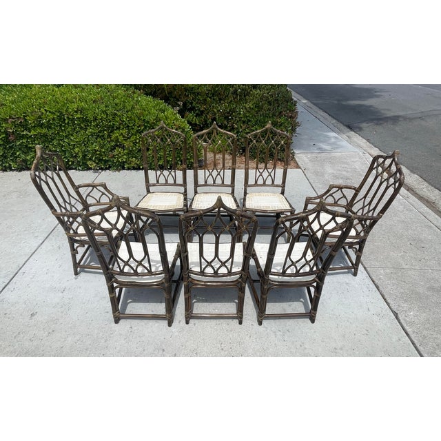 Authentic McGuire Vintage Rattan Cathedral Gothic Dining Chairs, a Set of 8 For Sale - Image 9 of 11