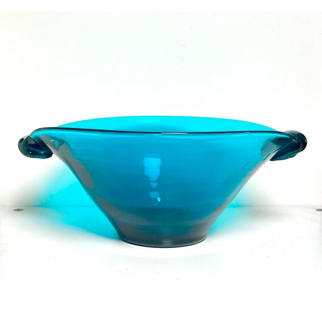 Mid-Century Modern 1940s Blenko #517l Blob Handled Bowl by Winslow Anderson, Turquoise For Sale - Image 3 of 12
