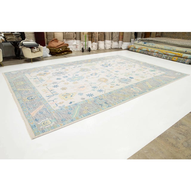 Contemporary Hand-Knotted Floral Oushak Style Wool Rug in Beige For Sale - Image 9 of 9