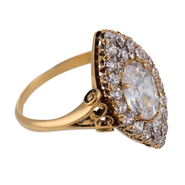 Late 19th Century Victorian Gia 1.30 Carat Diamond 18k Yellow Gold Navette Ring, Size 7.75 For Sale - Image 4 of 6