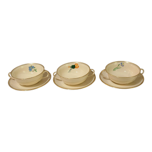 Vintage Johnson Bros England Victorian Floral Pattern Bouillon Cream Soup Bowls & Saucers- 6 Pieces
