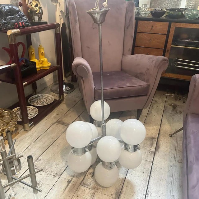 1960s Space Age Steel and Opaline Glass 10 Lights Italian Chandelier For Sale - Image 13 of 17