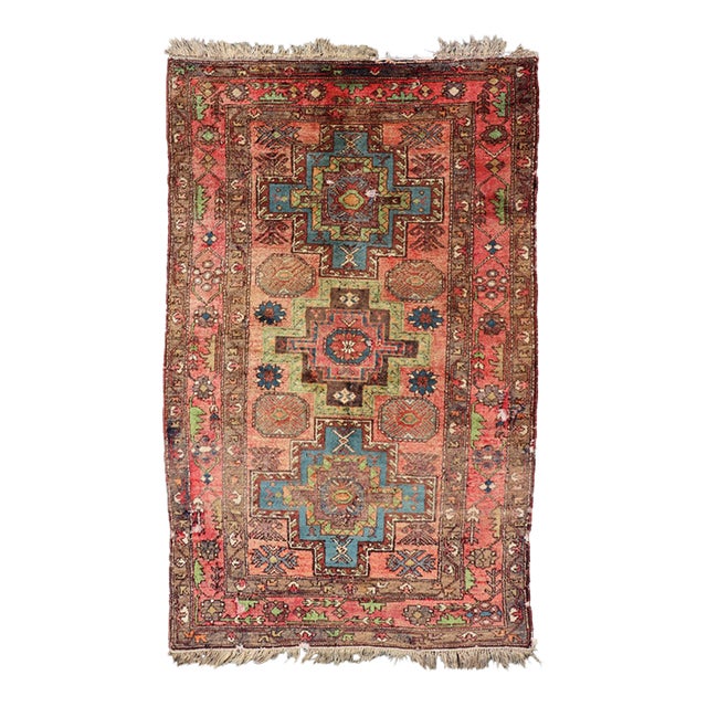 Vintage Caucasian Kazak Rug With Medallions in Coral and Turquoise 4'2 X 6'9 For Sale
