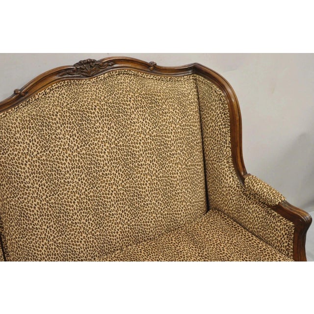 Late 20th Century Vintage French Country Louis XV Carved Walnut Cheetah Print Wingback Sofa Settee For Sale - Image 5 of 12