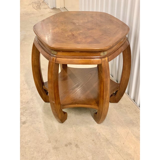 Brown Vintage Hexagonal Burl Wood Chinoiserie Style Side Table For Sale - Image 8 of 10