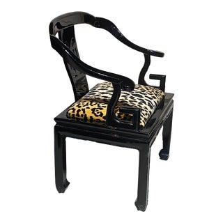 1970's James Mont Style Chinese Black Lacquer Horseshoe Back Club Chair For Sale