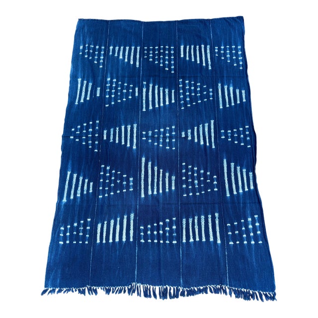 Vintage African Indigo Denim Shibori Mudcloth 60” L X 42” W Textile | No. 116 For Sale