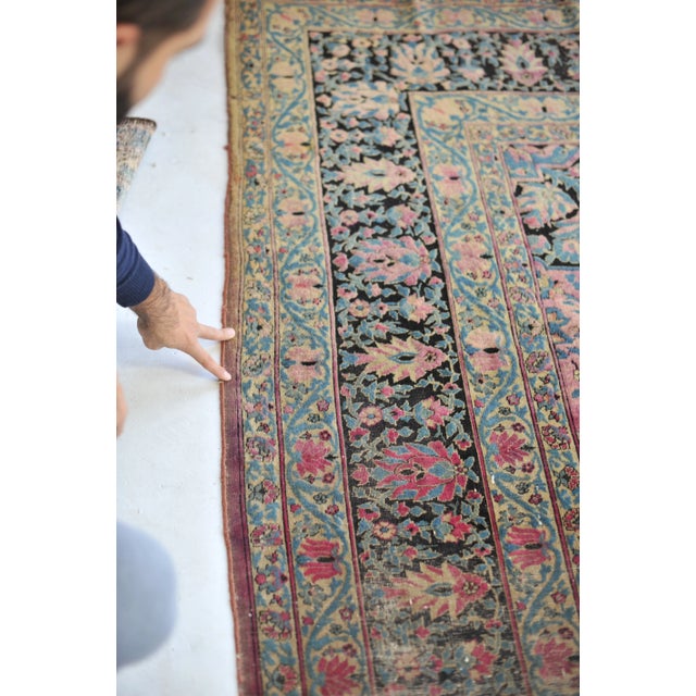 Antique Persian Kermanshah Charcoal, Magenta & Denim Blue Garden Inspired Design Rug, 11.4 x 17.7 For Sale - Image 9 of 11