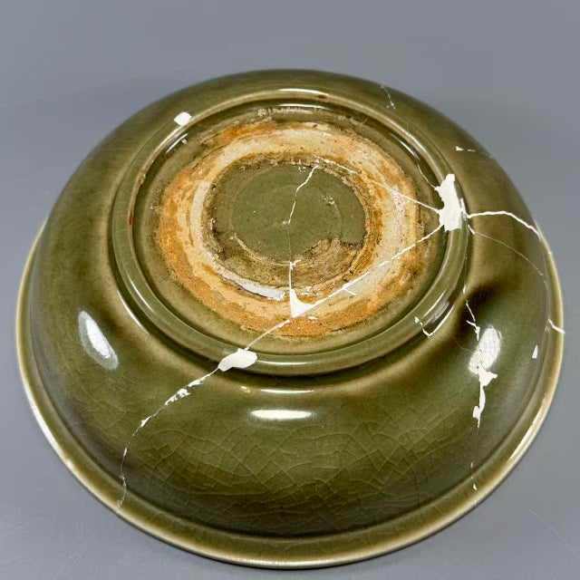 Green Antique Chinese Longquan Celadon Plate With Twin Fish Relief, Restored For Sale - Image 8 of 8