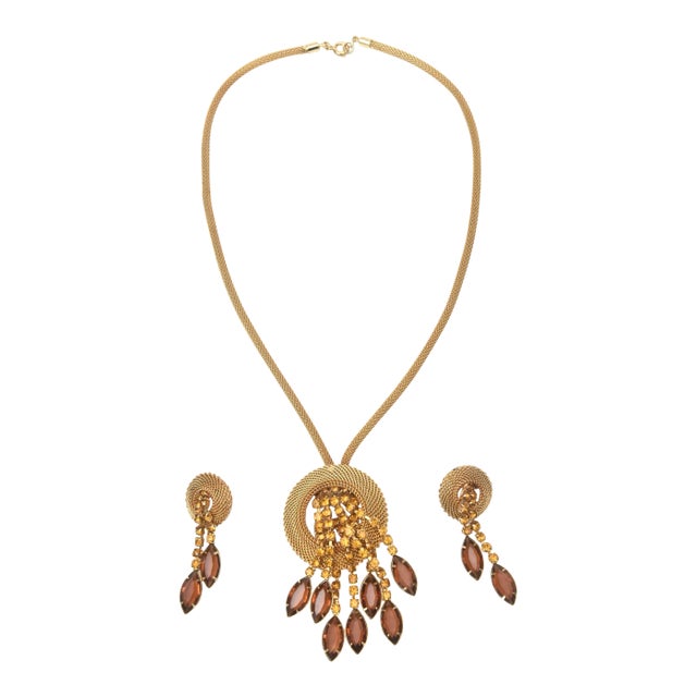 Vintage 1950's Amber Rhinestones and Glass Necklace With Clip on Earrings Set - 3 Pieces For Sale