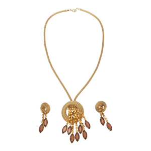 Vintage 1950's Amber Rhinestones and Glass Necklace With Clip on Earrings Set - 3 Pieces