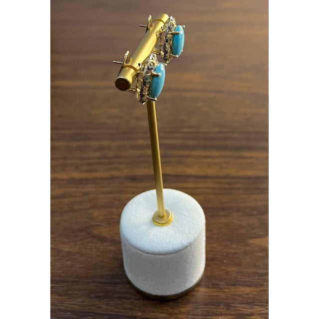 Blue Teal Turquoise Diamonds Lattice 14k Yellow Gold Statement Earrings - Set of 2 For Sale - Image 11 of 12