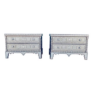 Pair of Antique Syrian Mother-of-Pearl Inlay Nightstands With Marble Tops, Late 19th Century For Sale